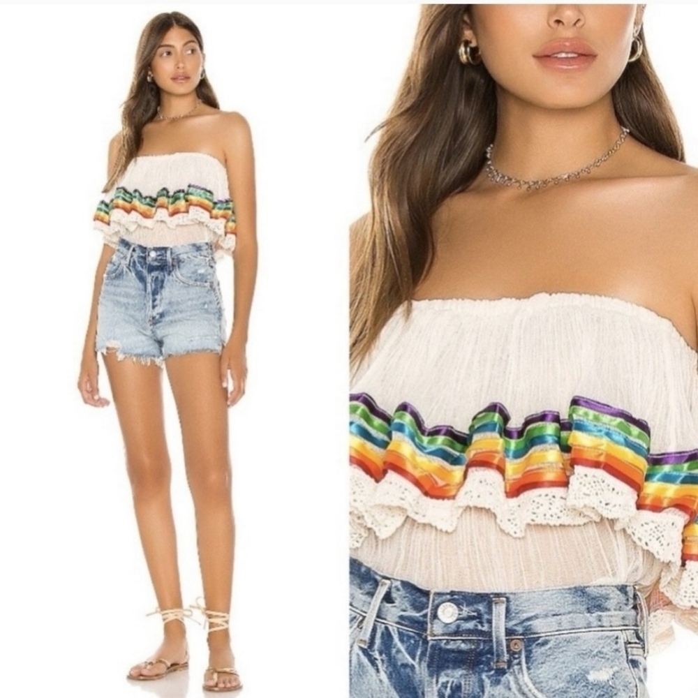 JPB // ltd ed cha cha tube natrl gauze strapless flounce satin rainbow trim top
